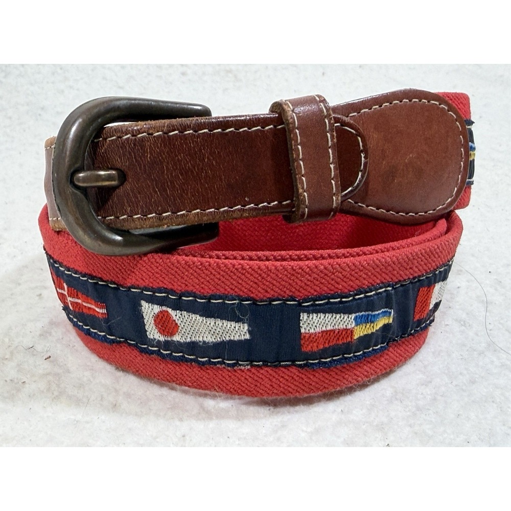 Ibex Nautical Flag Belt Red Canvas Leather Womens Large Size Adjustable Style